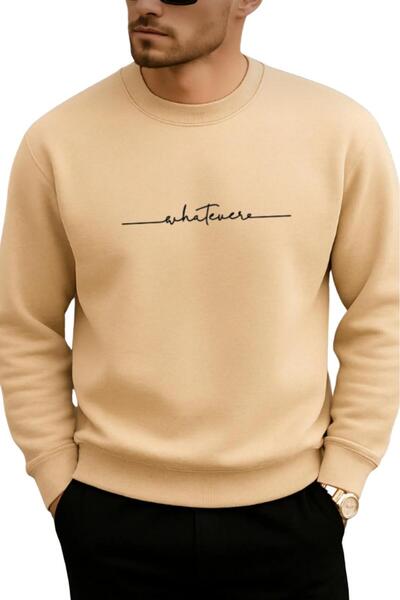 NO 601 Erkek Bej Whatever Baskılı Sıfır Yaka Sweat