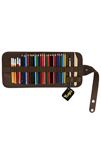 Yuga Faux Leather 36 Compartment Roll-Up Pen Holder Brown