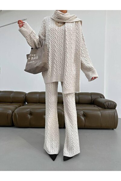 DAĞON'S Dgn's Hair-Braided Scarf 3-Piece Women's Knitwear Set Black-Ekru-Brown-Burgundy-Smoked