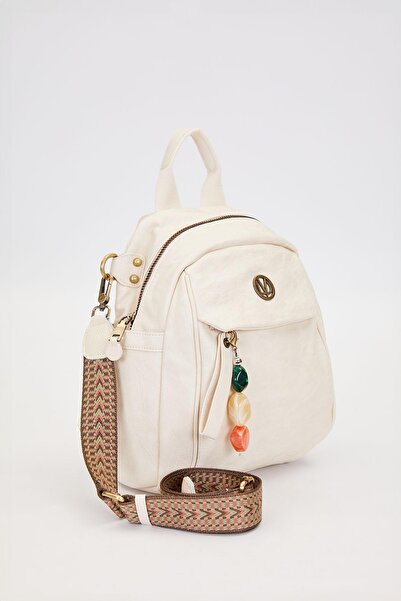 Levidor Ethnic Strap and Stone Charm Detailed Medium Size Casual Women's Shoulder and Backpack 930380 White