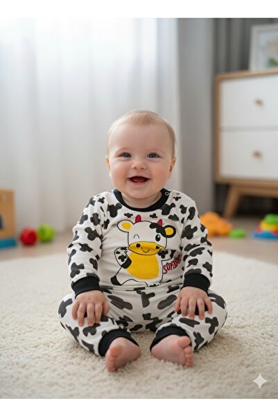 Jasminya Unisex Çocuk İnek Baskılı Süper 2'li Pijama Takımı