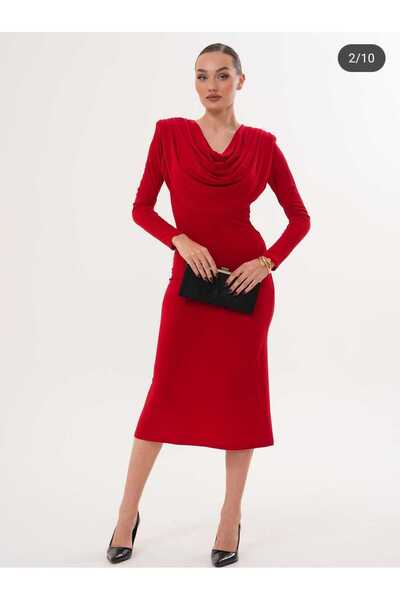 MILANOFOX Drapeli Degaje Yaka Uzun Kollu Midi Elbise | Abiye, Kokteyl, Mezuniyet, Davet