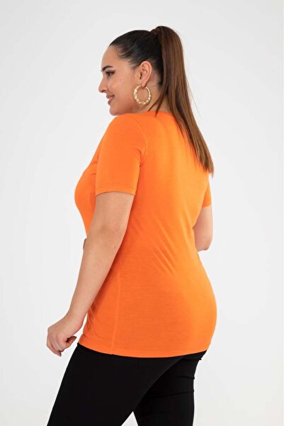 Roxxlen 112072 Γυναικεία μπλούζα με λαιμόκοψη σε σχήμα V, βασική πορτοκαλί