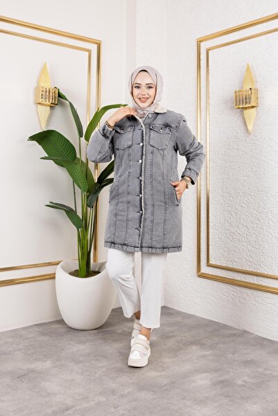 Hb Harma Time Butik Women's Buttoned Long Gray Denim Jacket with Pockets and Fur Inside