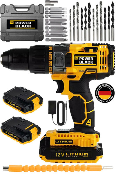 POWER BLACK 24 parça ultra güçlü matkap 2 akü 1 şarj cihazı