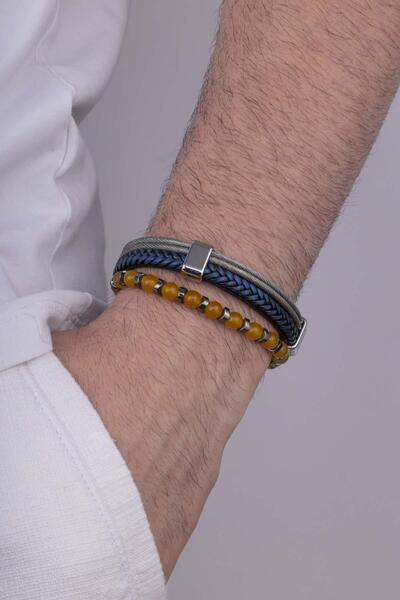 Gümüş Pazarım Navy Blue Knitted Model Leather Bracelet with Ceyt Stone Men's Bracelet Combination