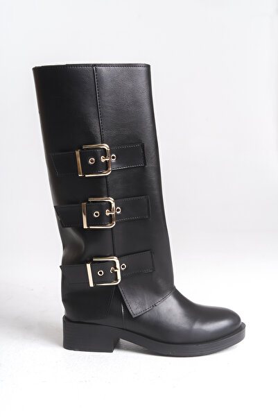 Solo Bag Δερμάτινες μαύρες μπότες νέας σεζόν με λεπτομέρεια με αγκράφα, κομψό στυλ καθημερινής χρήσης, άνετες μαύρες μπότες