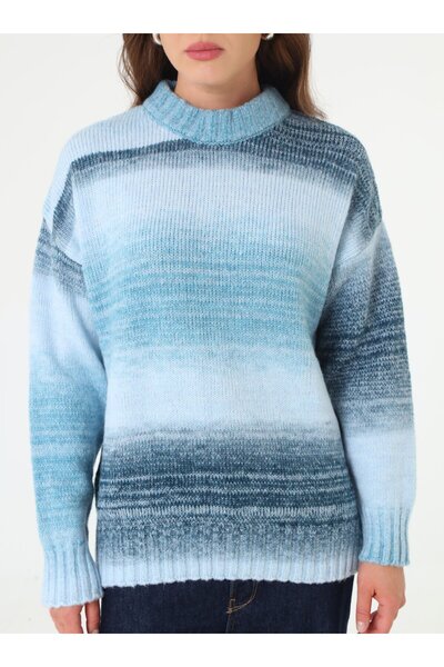 Refka Yuvarlak Yaka Degrade Geçişli Triko Kazak - Mavi -