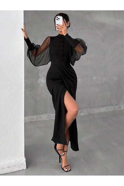 OLSAMODA ROCHIE DE DAMĂ CU DETAIL DE BUTON PE FRONTA, CU MÂNER, TUL, ȚESUT ELASTIC, LUNGĂ LA ÎNCHIETĂRĂ, CU TĂIȚĂ ANVELOP