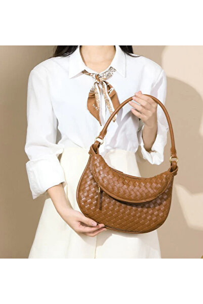 Marnier taba örgü deri el ve omuz çantası