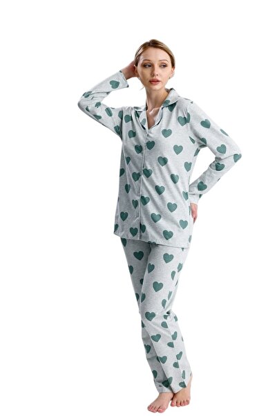 Yeni İnci Heart Pattern Cotton Women's Pajama Set