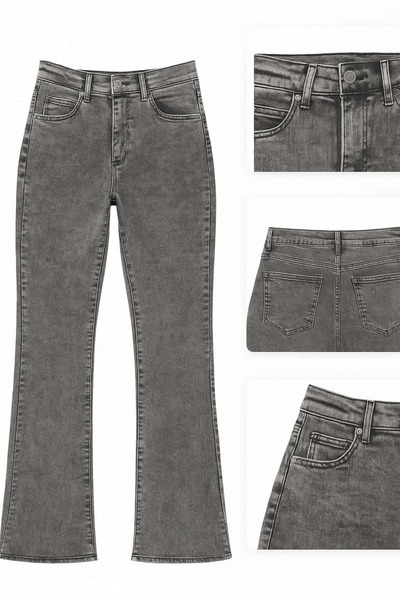 SCZ Kadın Gri Yüksek Bel İspanyol Paça Jean Pantolon