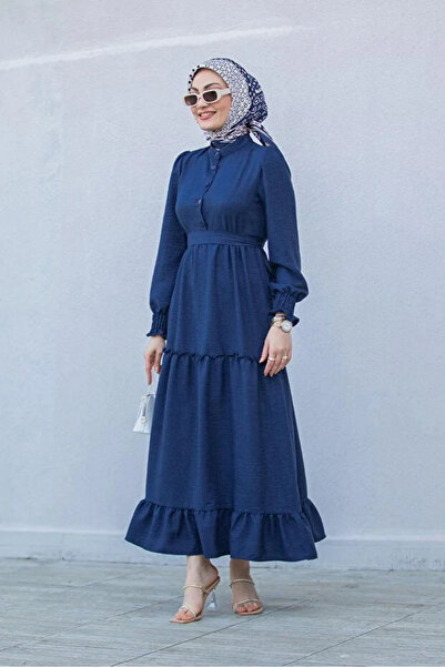Tesettür Diyarı Rochie de in cu detaliu volanat la fustă - Albastru închis
