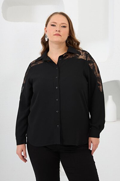 RMG Shoulders Lace Plus Size Shirt Black