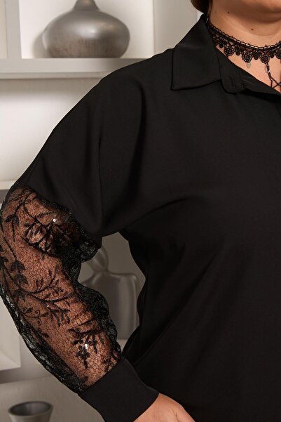 RMG Sleeve Lace Detailed Plus Size Shirt Black