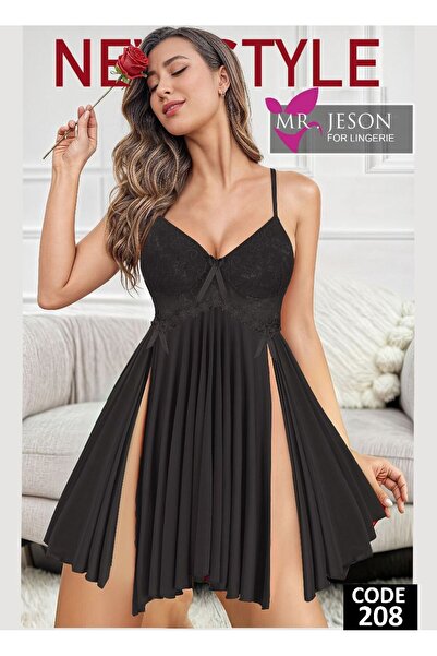 Nice Model Luxury Lace Pleated Nightgown with Side Slits Spaghetti Strap Babydoll Sleepwear Lingerie