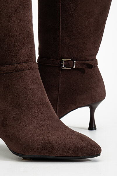 RİSSOLİ Γυναικείες μπότες με λεπτό τακούνι σε καφέ σουέντ με μυτερή μύτη