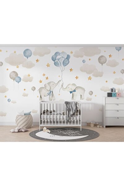 Özel Duvarlar Gökyüzünde Bulutlar Yıldızlar ve Filler Çocuk Odası Duvar Kağıdı