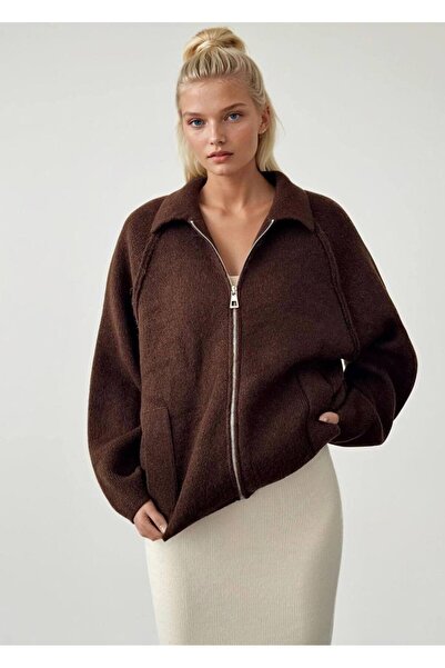 manana fashion Καφέ ζακέτα με oversized φερμουάρ