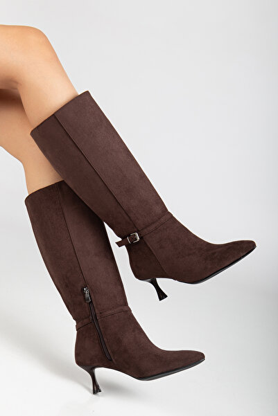 RİSSOLİ Γυναικείες μπότες με λεπτό τακούνι σε καφέ σουέντ με μυτερή μύτη