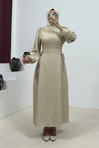 Tesettür Diyarı Λινό Φόρεμα Τεσεττούρ με Σταυρωτά Δεσίματα στο Πλάι - Κρεμ