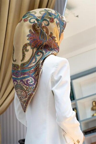 Vissona Tivil Silk Scarf 60777 - 5 - 0004 - 0026 Light Yellow Ethnic Pattern