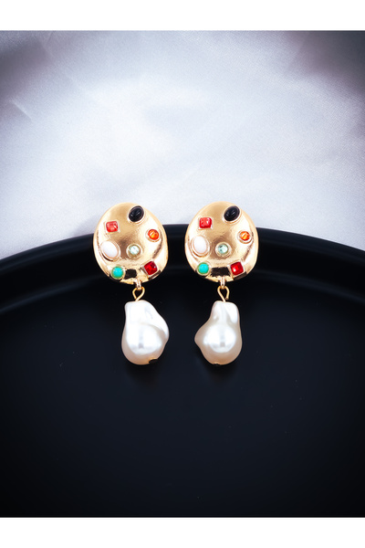 DlaraJewelry أقراط متدلية مرصعة بالأحجار الكريمة الملونة وتفاصيل اللؤلؤ