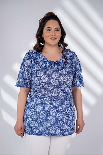 Roxxlen 112023 Γυναικεία μπλούζα με λουλούδια μεγάλου μεγέθους Ναυτικό μπλε