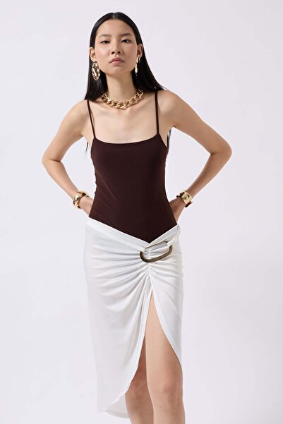 Maxi modena Buckle Detail Asymmetrical Ecru Skirt - 40