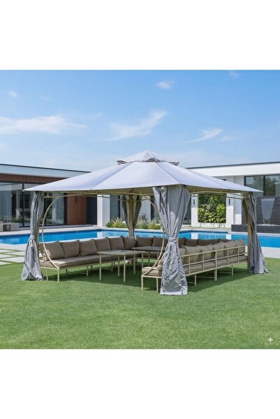 Danube Home Miraj 4x4m Outdoor Gazebo with Seating, Tables, Curtains & Mosqui...