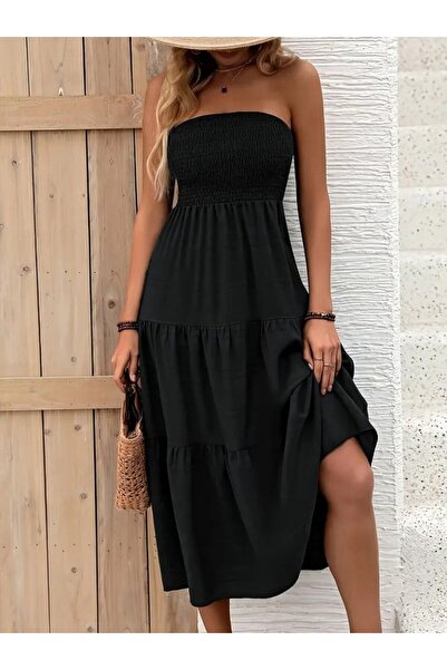 Wear Up Women's Strapless Elasticated Breasted Flared Aerobin Long Dress