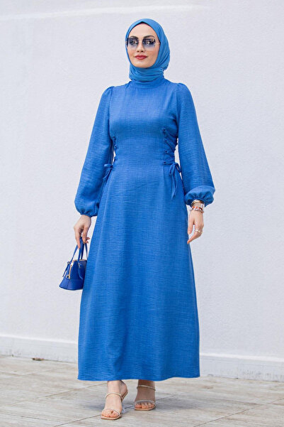Tesettür Diyarı Λινό Φόρεμα Τεσεττούρ με Σταυρωτό Δέσιμο στο Πλάι - Ίντιγκο