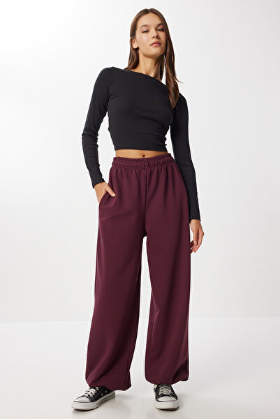 Lovelyİstanbul بنطلون رياضي محبوك بقصة برميلية مع سدادة LUB0254 MÜRDÜM