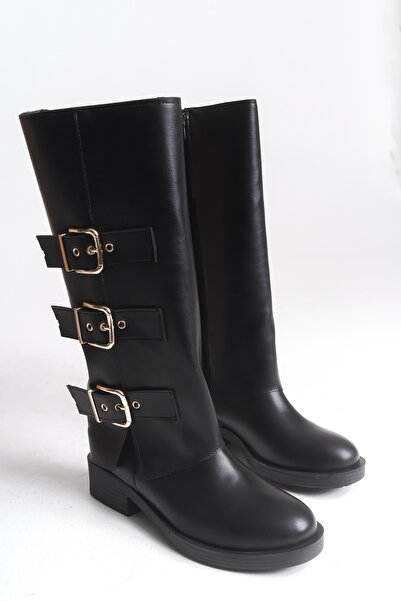 Solo Bag Δερμάτινες μαύρες μπότες νέας σεζόν με λεπτομέρεια με αγκράφα, κομψό στυλ καθημερινής χρήσης, άνετες μαύρες μπότες