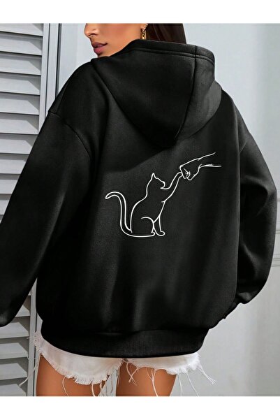 DİVİN Γυναικείο φούτερ γάτα με τύπωμα από ύφασμα ποιότητας 3κλων oversized κοπής