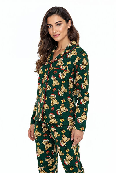 Bravie Luxury Soft Yeşil Yılbaşı Ayıcık Desenli Uzun Kollu Kadın Pijama Takımı – 3065
