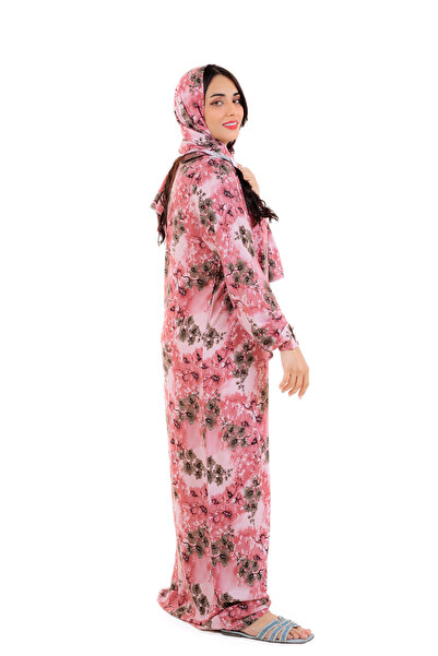 amaan Women's Modern Floral Print Rayon Abu Tarha Jalabiya, Long Sleeve, elastic cuff with Headscarf.