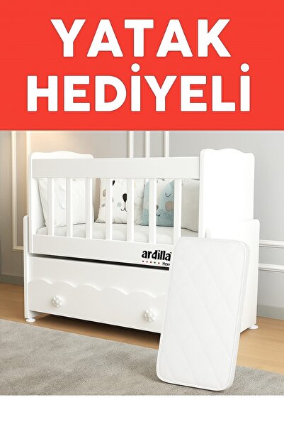 ardilla furniture YATAK HEDİYELİ Anneyanı Sallanır Beyaz Çekmeceli 50X100 Beşik