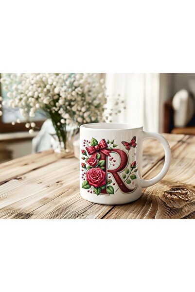 Beramussa كوب حرف R اللامع باللون الوردي - كوب قهوة وشاي مزين بفيونكة حمراء و...