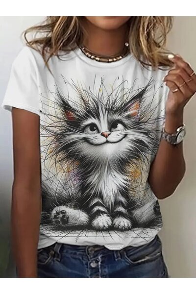 Wear Up Γυναικεία μπλούζα με κοντό μανίκι με λαιμόκοψη γάτα με στάμπα μονό ζέ...