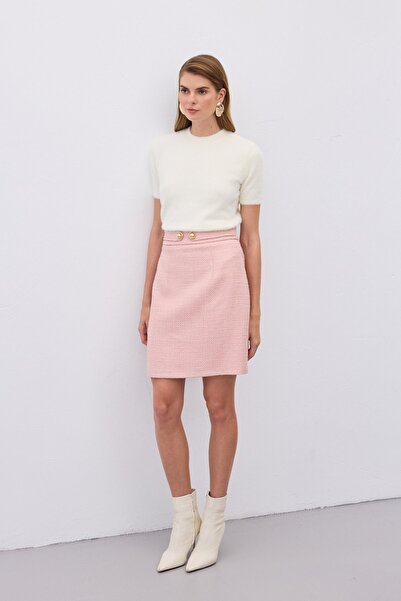 Sateen Μίνι τουίντ φούστα με λεπτομέρεια με κουμπιά - Πούδρα