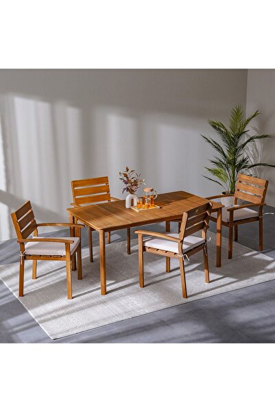 Danube Home طقم طعام خارجي خشبي نورا ٤+١ - بني، ٤ كراسي وطاولة واحدة، مصنوع من الخشب والبوليستر، ضمان لمدة عام