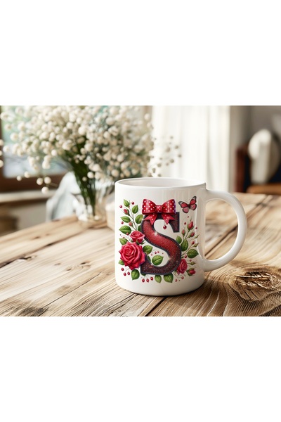 Beramussa Letter S Glitter Rose Mug – Red Bow and Floral Pattern Coffee Tea C...