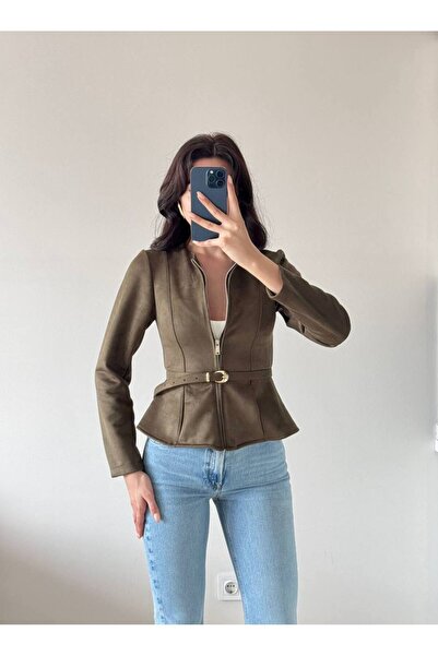 LOCH BUTİK Γυναικείο πράσινο μακρυμάνικο σουέτ μπουφάν με ζώνη