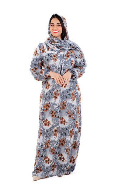 amaan Women's Modern Floral Print Rayon Abu Tarha Jalabiya, Long Sleeve, elastic cuff with Headscarf.