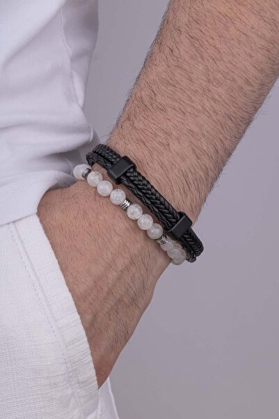 Gümüş Pazarım سوار من حجر العقيق التبتي، نموذج مضفر بصفين، سوار جلدي للرجال