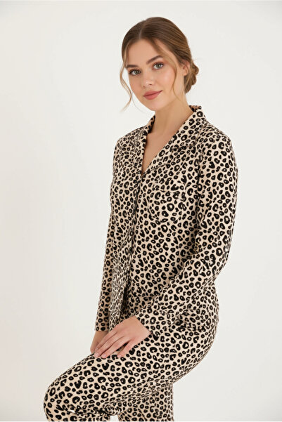 Bravie Luxury Soft Beige Leopard Patterned Long Sleeve Women's Pajama Set – 3062