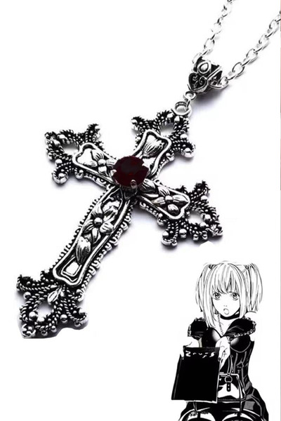 Köstebek Silver Anime Misa Haç Siyah Taş Detaylı Kolye