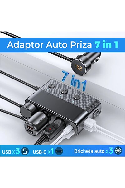 Timebox adaptor priză, încărcător auto 7 în 1 multiplicator 128W, 3x priză auto, 3 x USB, Q,C 3.0, 1 x USB-C, vol