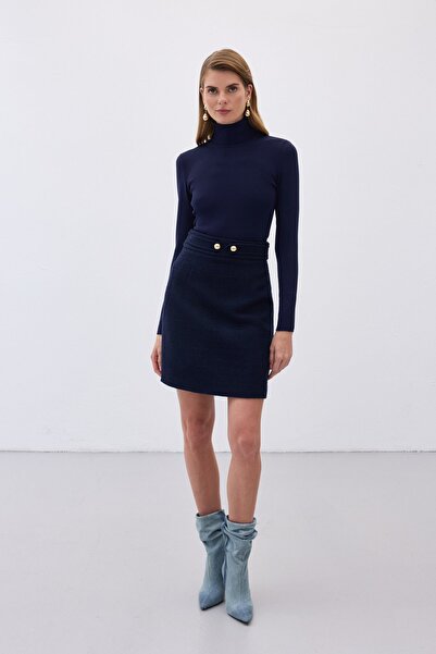 Sateen Düğme Detaylı Mini Tüvit Etek - Lacivert